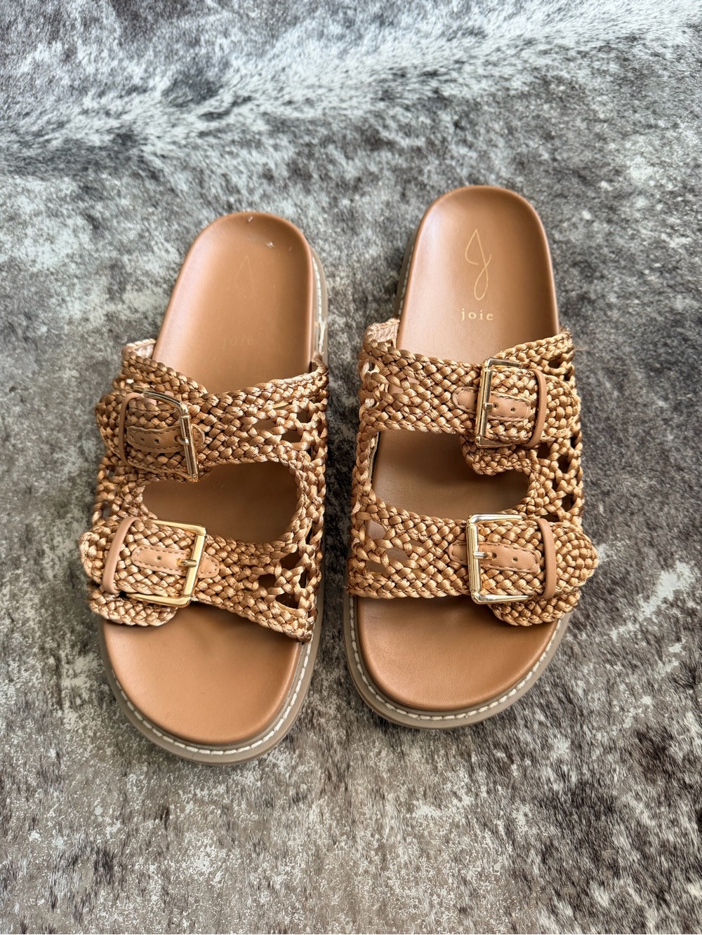 Joie Woven Tan Double-Buckle Slide Sandals